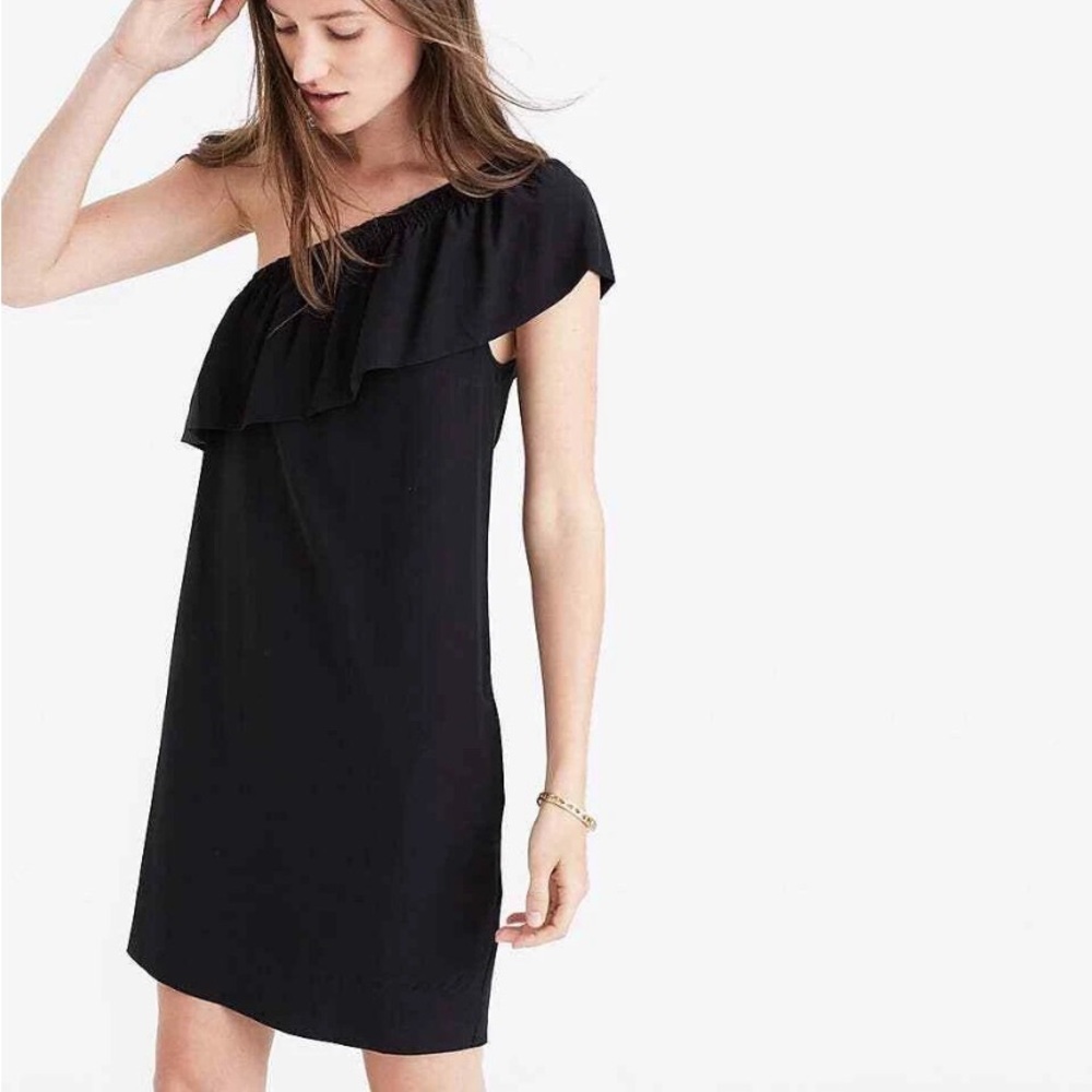 Madewell Black 100% Silk One-Shoulder Ruffle Mini Dress Size 4